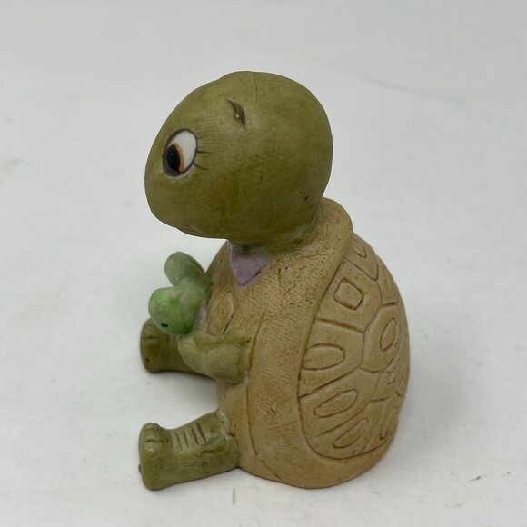 Vintage Ceramic Turtle Figurine Holding Green Worm Caterpillar Sitting Up Friend - Picture 2 of 7